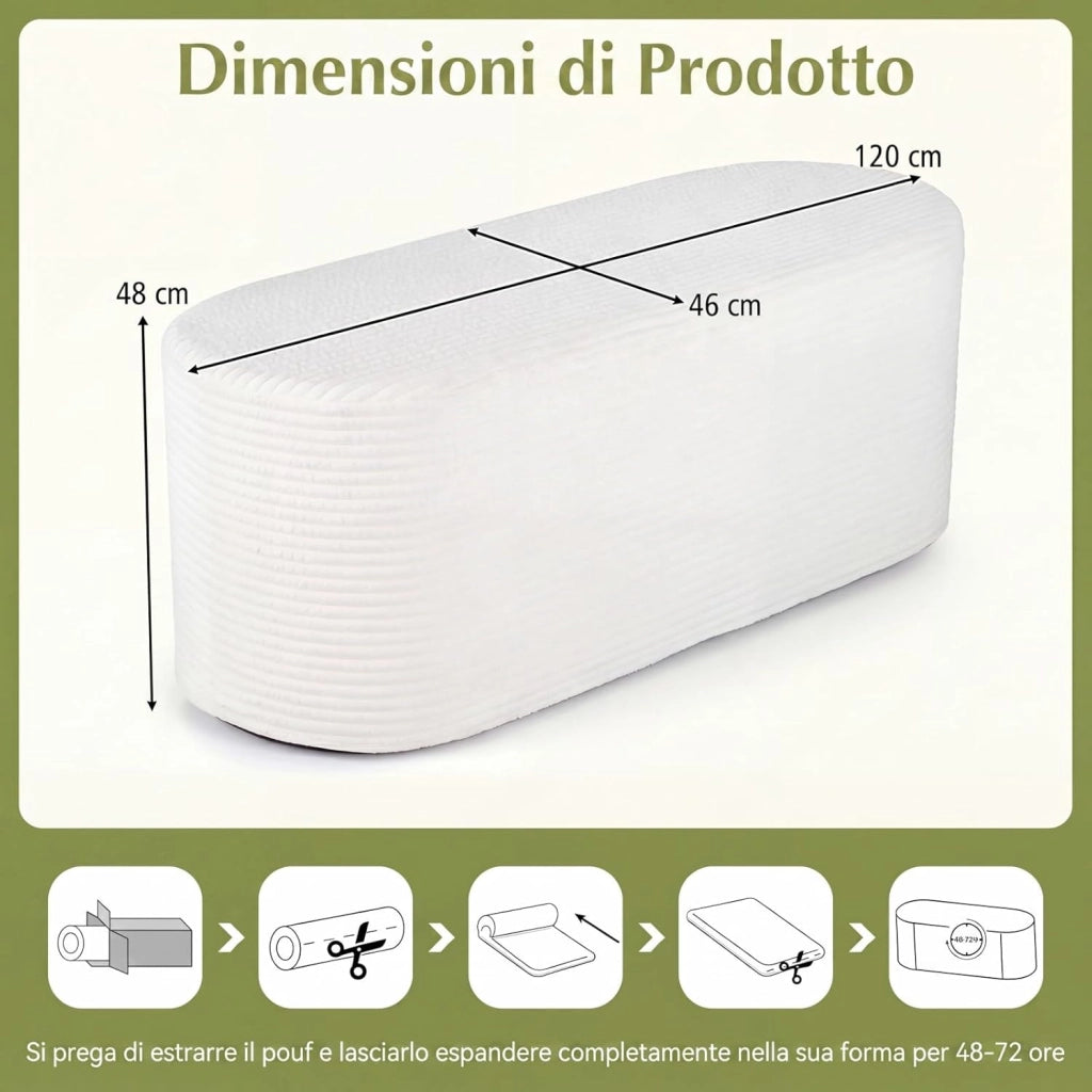 Pouf Poggiapiedi Imbottito 120 X 46 X 48 CM, Poggiapiedi Divano con Velluto a Coste e Spugna ad Alta Densità, Pouf Ovale con Base Antiscivolo per Soggiorno, Camera da Letto, Beige