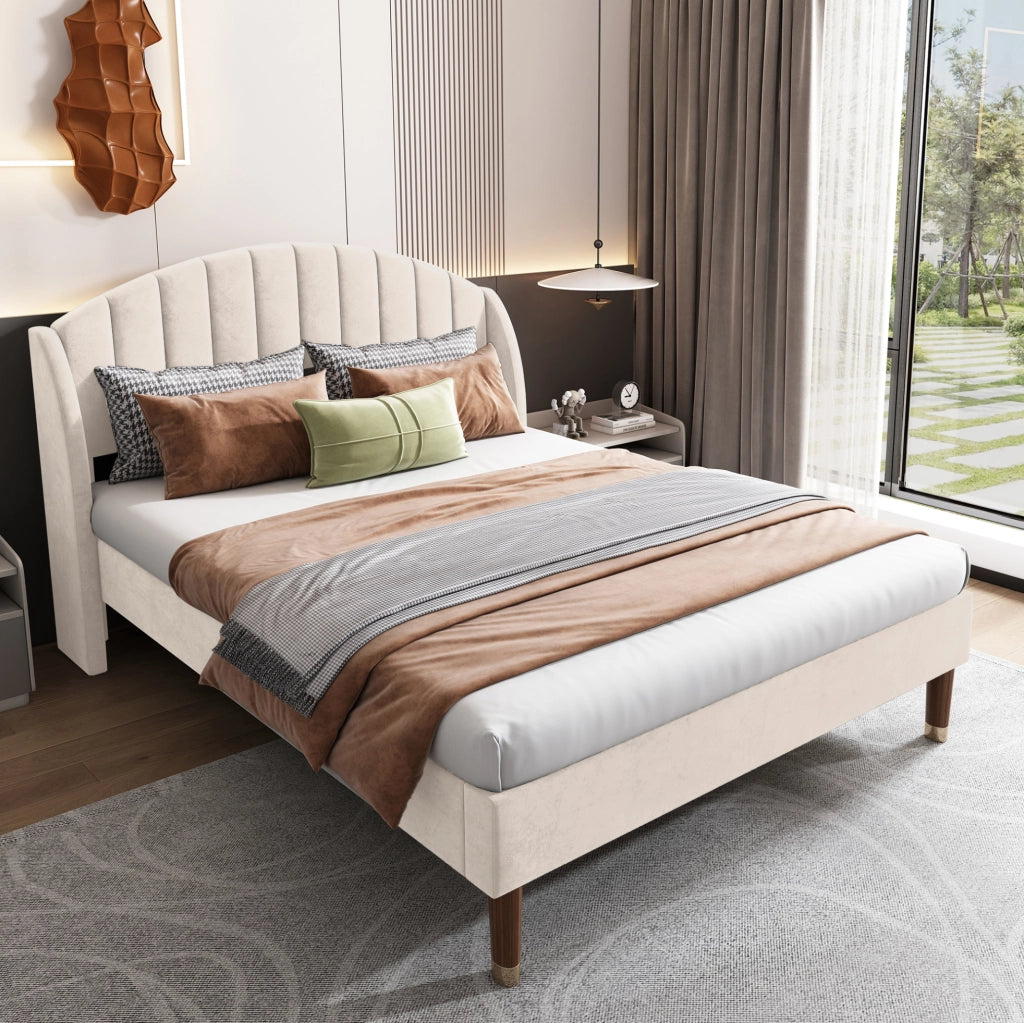 Letto imbottito 140x200 cm in velluto beige con rete a doghe e testiera