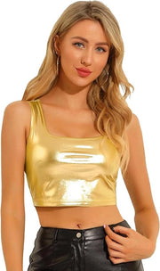 Top da donna con decorazione metallizzata - Tank top di festa - Manica corta - Luccicante - Club - Senza vita - Superiore senza vita - Argento - Abbigliamento da festa - Abbigliamento da uscita