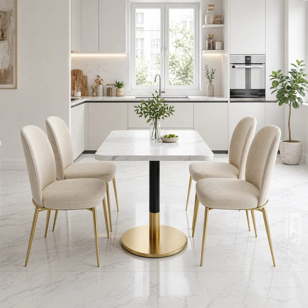 Tavolo da pranzo per 2 persone con piano effetto marmo, base in metallo nero e oro, per cucina, 80 × 60 cm