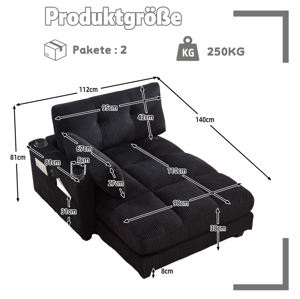 Poltrona lounge in velluto a coste nera con USB; 2 portabevande e poggiatesta regolabile