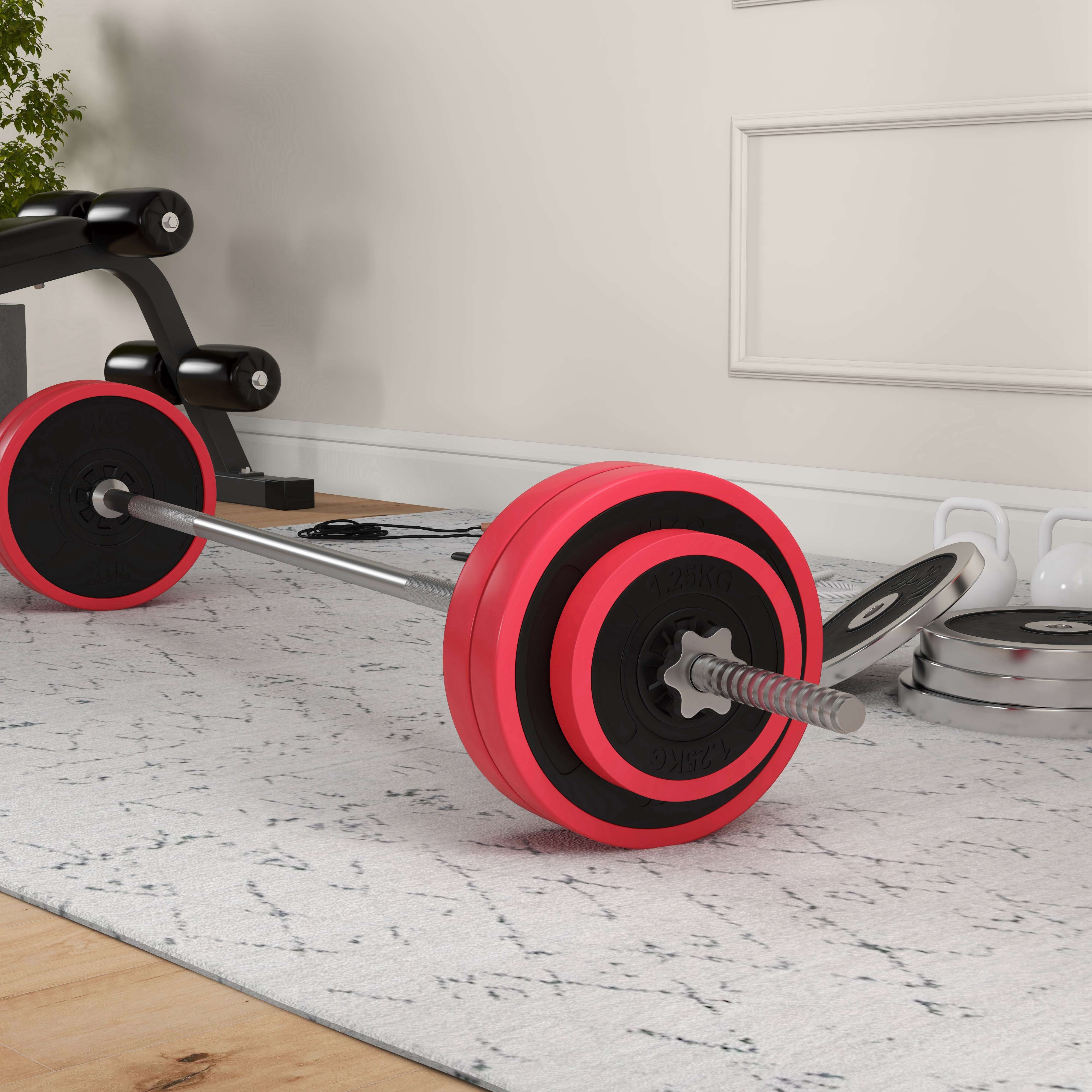 Set Bilanciere e Dischi da 30Kg Totali con 6 Pesi e 2 Dadi in Acciaio Rosso