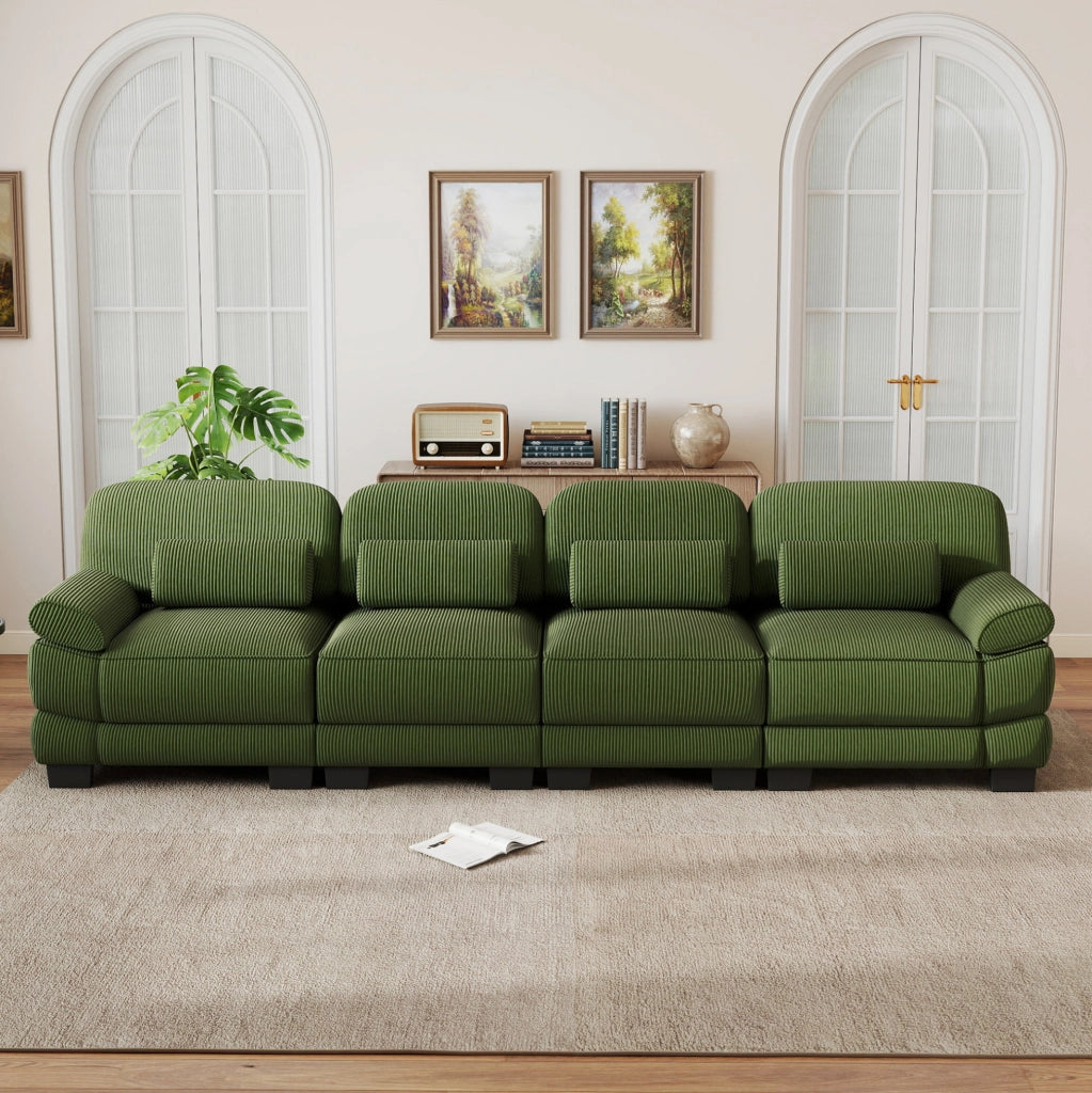 Divano modulare 336x88,5x94 cm in velluto a coste verde con cuscino lombare