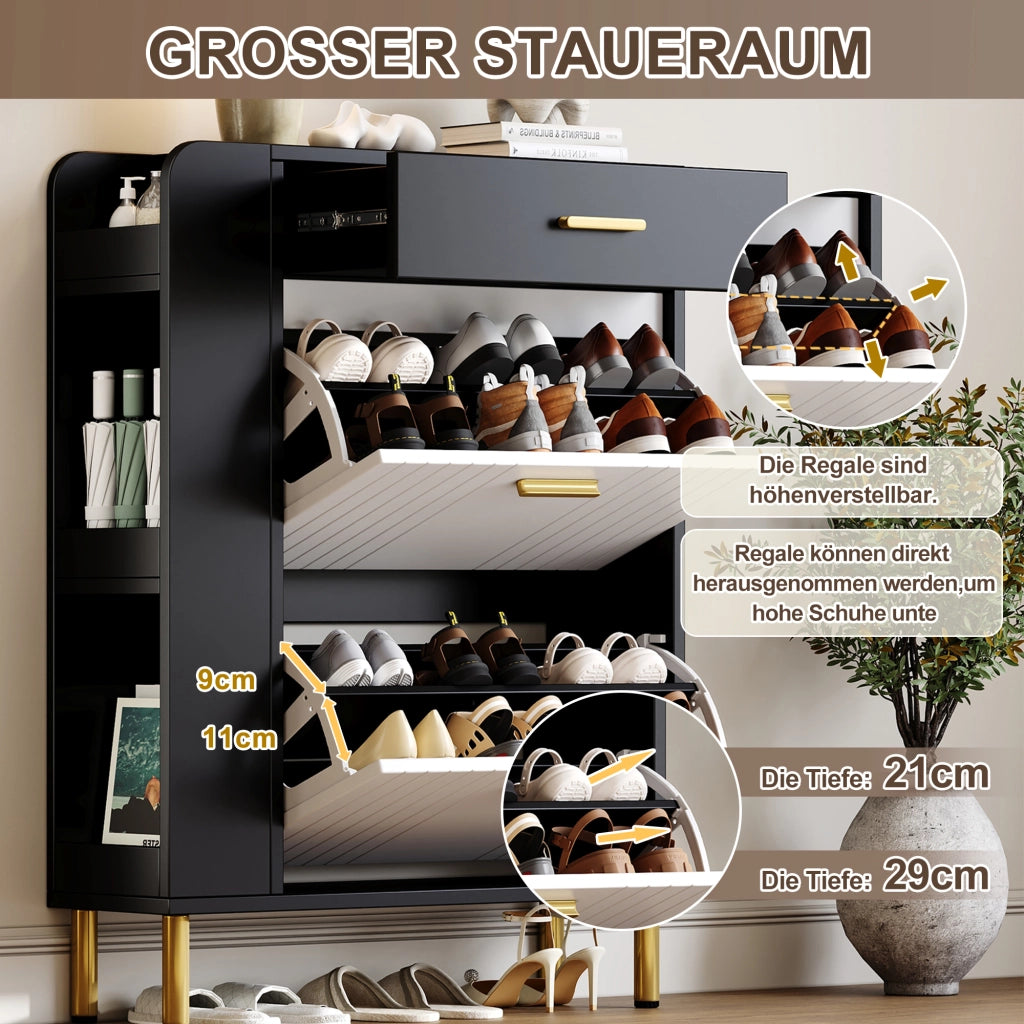 Scarpiera stretta con 2 ante ribaltabili 1 cassetto e 3 vani aperti in MDF e truciolare bianco nero 80 × 24 × 105 cm