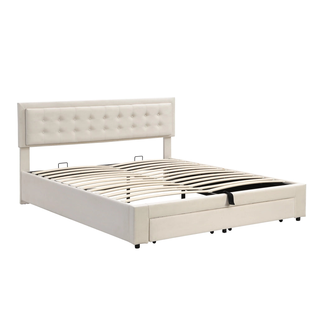 Letto matrimoniale contenitore con cassetti; testiera regolabile; velluto; 160x200 cm; beige