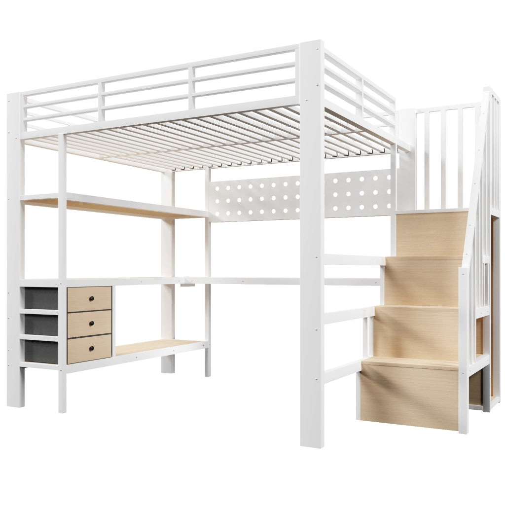 Letto a soppalco matrimoniale 140×200 cm con scrivania; 3 cassetti; ripiani; presa e LED; senza materasso; bianco