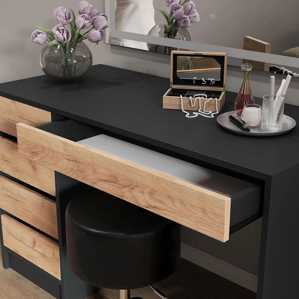 Vicco Tavolo da toilette Sherry, Antracite/quercia dorata, 120 x 75 cm con specchio LED e sgabello