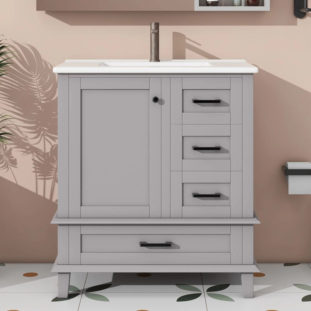 Mobile bagno con lavabo - Xylo - 76x46x83,5cm - Grigio - Laccato completo, ripiano porta, tre cassetti silenziosi, vaso ceramico integrato