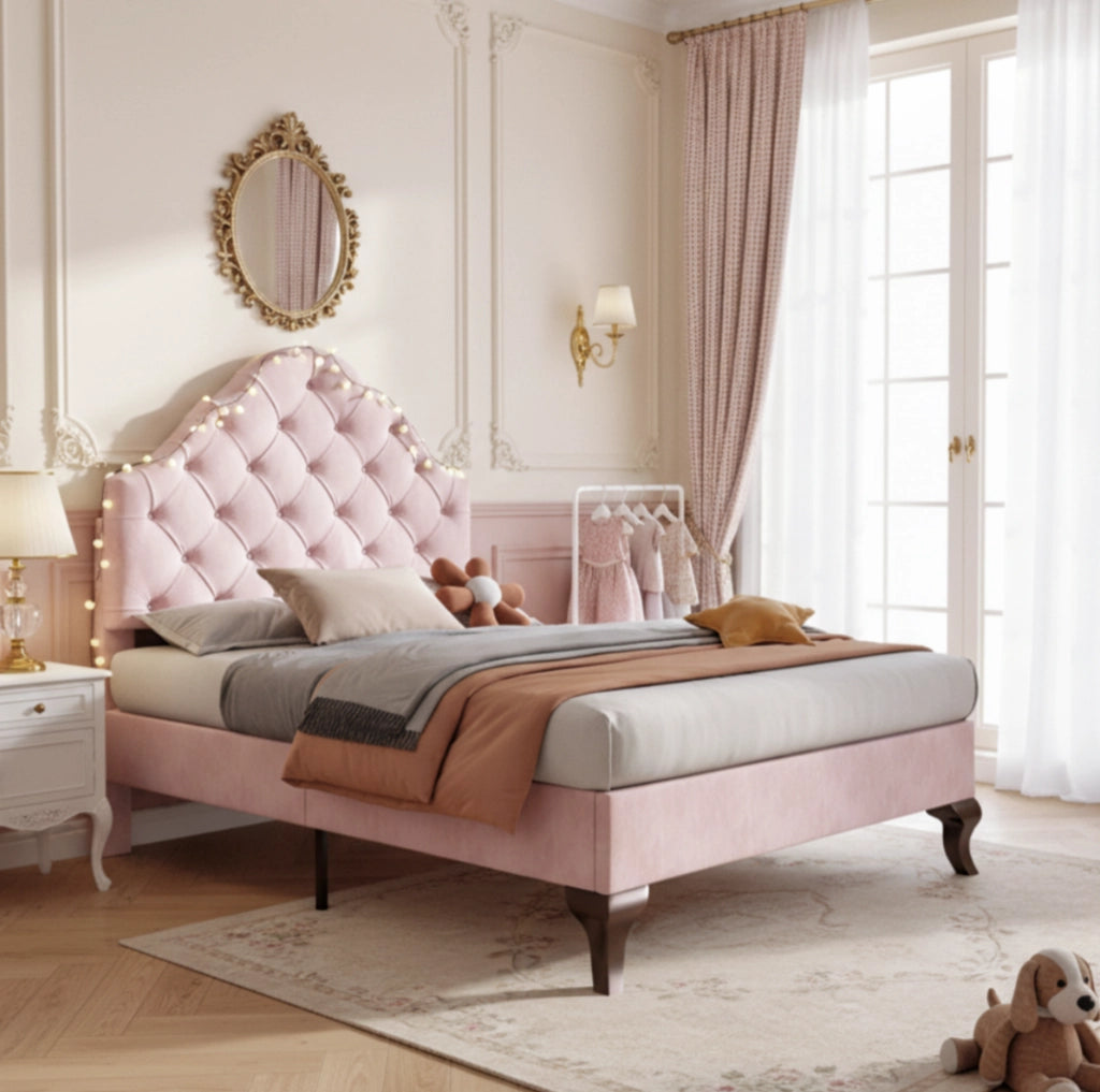 Letto imbottito 90x200 cm con rete a doghe e testiera regolabile in altezza; velluto rosa