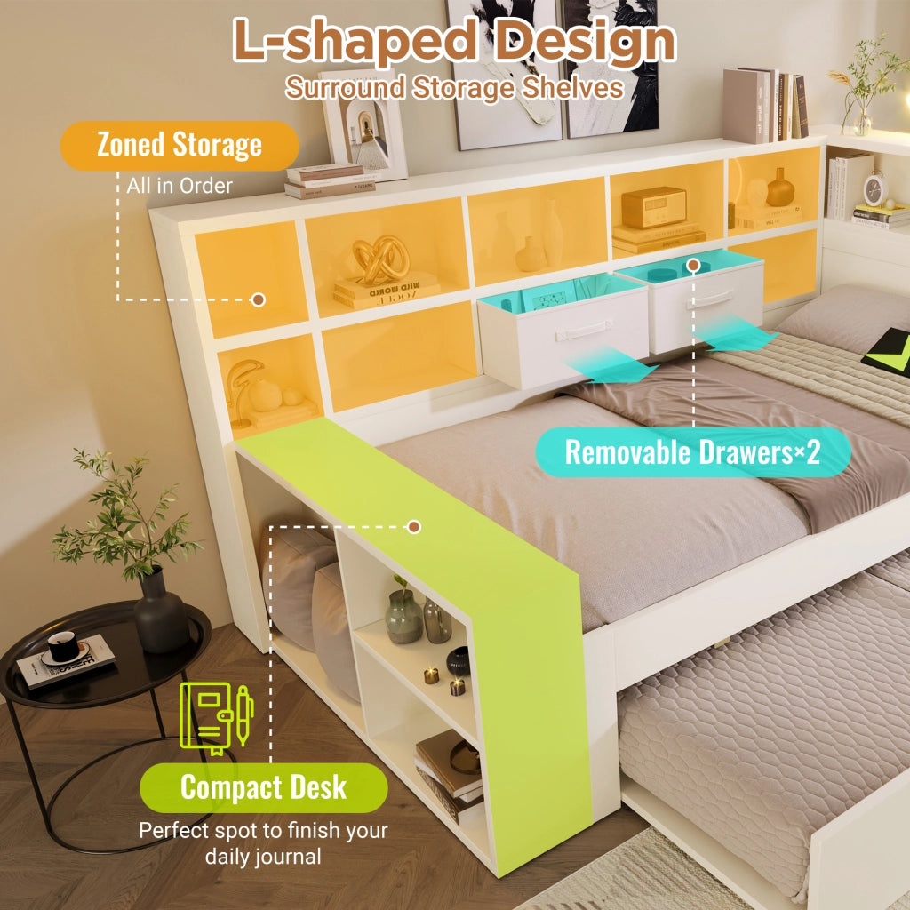 DESMIU Letto combinato 140 × 200 cm 2 posti con letto estraibile, 3 USB e Type-C, senza materasso, bianco, legno