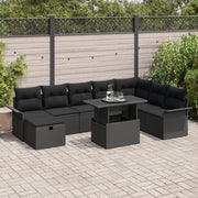Set Divano da Giardino di 9 Pezzi con Cuscini Nero Polyrattan
