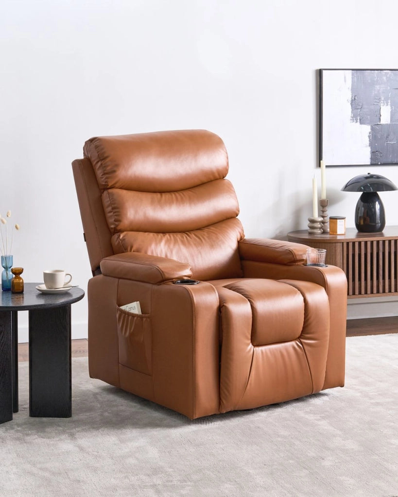 Poltrona reclinabile elettrica in ecopelle marrone monoposto con poggiapiedi e funzione di sollevamento design moderno relax