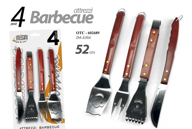 GRILL SET DA 4 UTENSILI PER BARBECUE CON MANICO IN LEGNO 52 CM