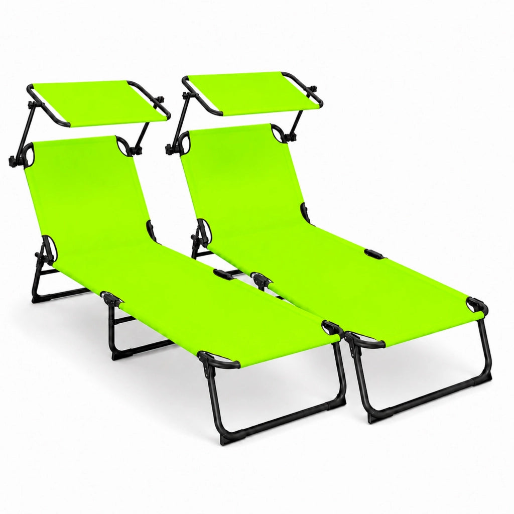 Set 2 Lettini Mare Pieghevoli Con Tettuccio Parasole Regolabile Schienale Reclinabile Sdraio Struttura In Acciaio Traspirante Ideali Per Spiaggia Giardino Campeggio Relax Estivo 24 x 187 x 53 Cm Verde Fluo