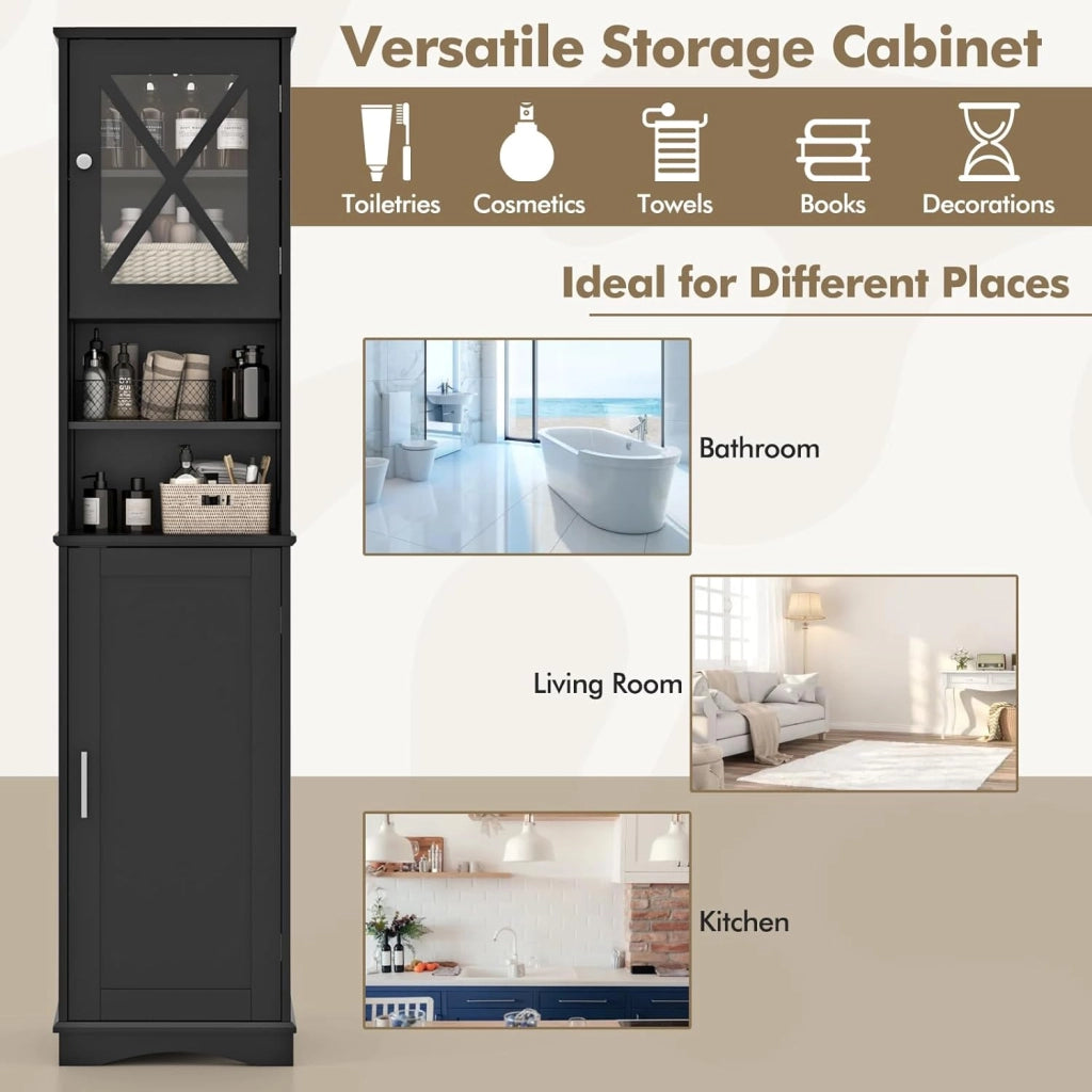 Armadietto da bagno sottile con 2 ante, ripiano regolabile e 2 scomparti aperti, mobile alto per bagno e soggiorno (nero, 40 x 30 x 170,5 cm)
