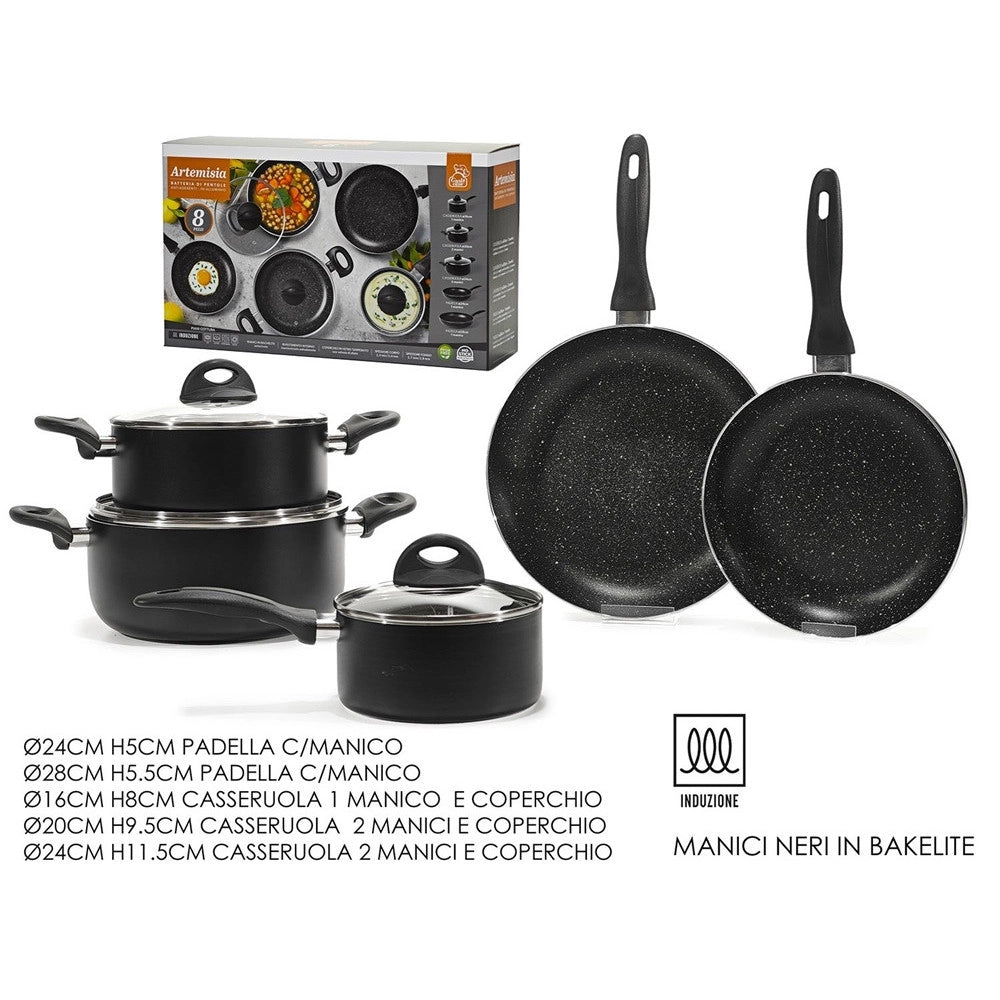 Trade Shop - Batteria Di Pentole Padelle Da 8pz Antiaderenti In Alluminio Manici In Bakelite Induzione -
