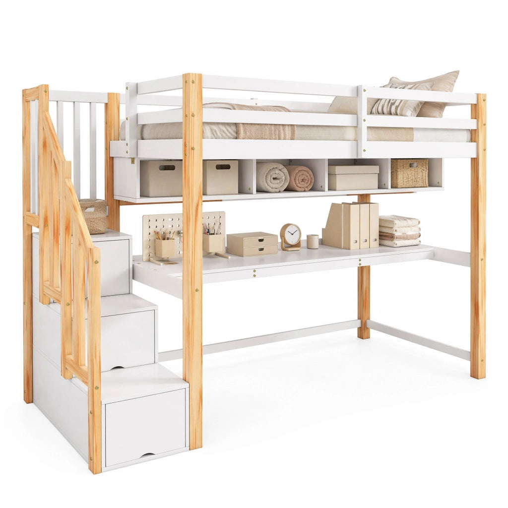 Letto a soppalco per bambini 90x200 cm con scrivania integrata e scala contenitore; bianco e rovere