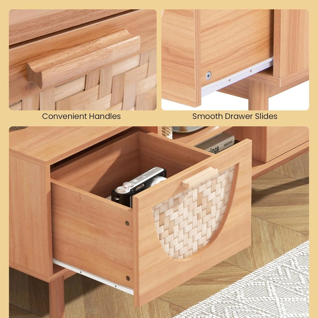 Supporto TV per TV da 55 pollici, mobile TV con 2 cassetti e frontali in bambù, con gambe in legno massello, per soggiorno, camera da letto