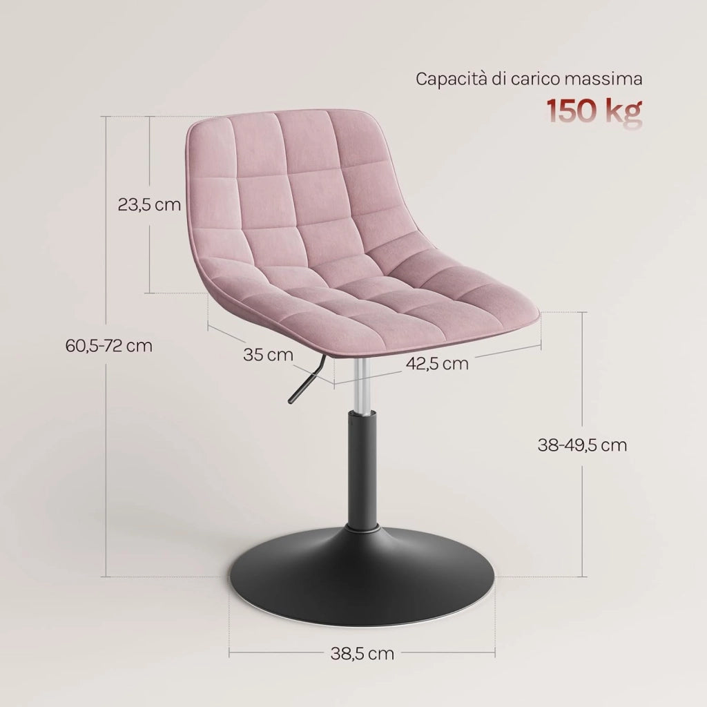 Sgabello da trucco Sedia Alta da Cucina sgabello cucina con Schienale Altezza Regolabile Girevole 360° in Velluto Rosa, 38-49.5cm, BH300rs-1
