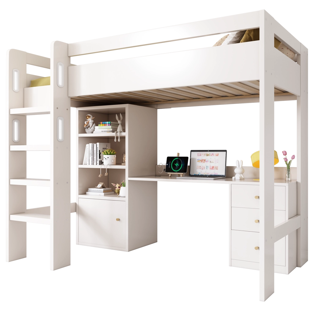 OKWISH Letto a soppalco 90×200 cm, Letto Singolo con Scrivania con USB e Tipo C, Armadio, Scaffali e Scala, senza Materasso, Bianco