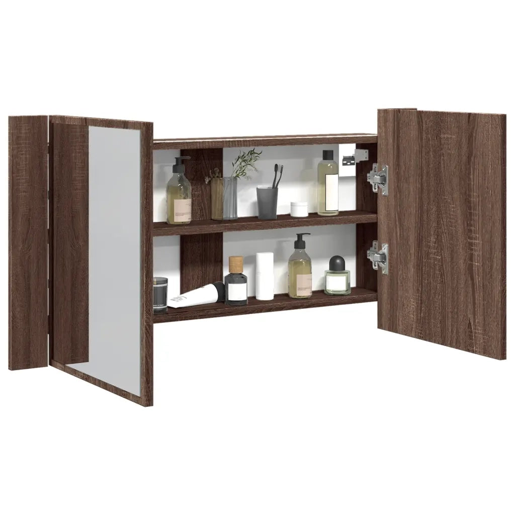 Armadietto Specchio con LED-Mobile bagno con specchio Rovere Marrone 90x12x45cm Acrilico