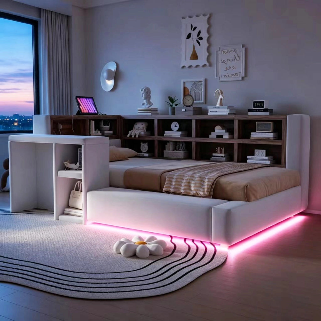 Letto imbottito 90 x 200 cm con contenitore, USB/LED e tavolino laterale, beige