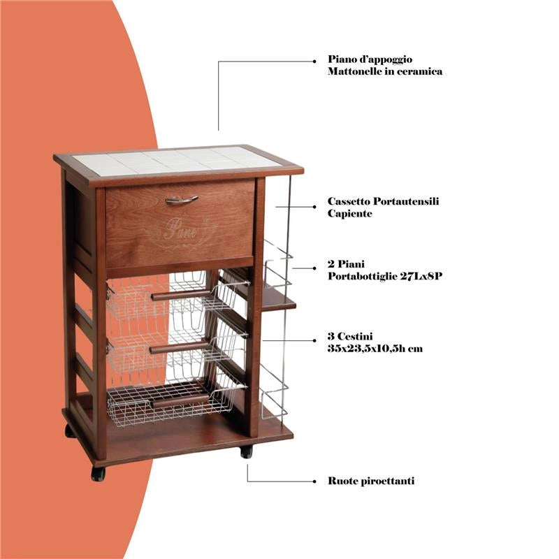 CARRELLO VESUVIO PORTAPANE+PORTABOTTIGLIE NOCE IN FAGGIO BASE INFERIORE MULTISTRATO DI BETULLA 1 CASSETTO 3 CESTELLI PIANO MATTONELLE IN CERAMICA