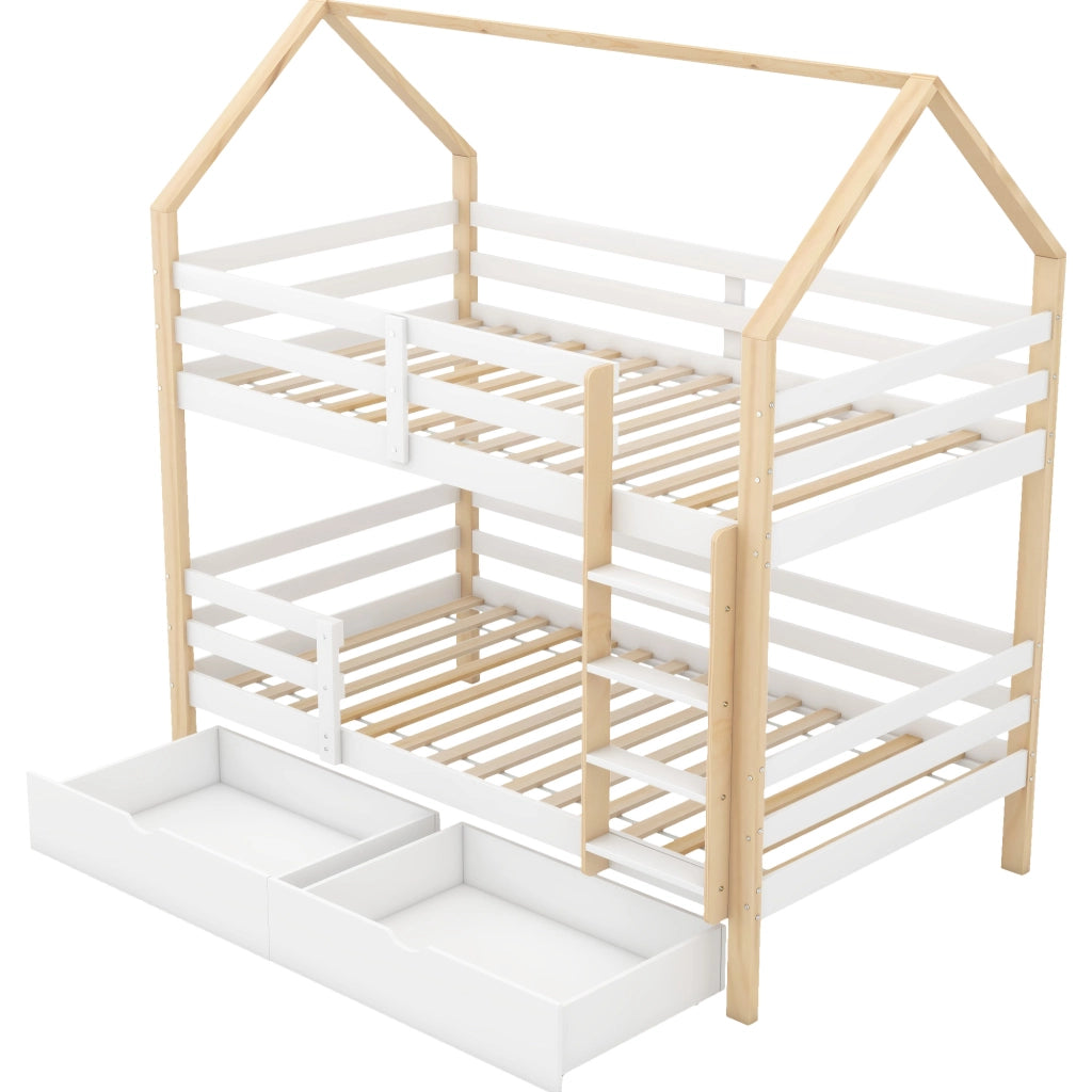 Letto a Castello 90x200 cm; 2 Posti; con Sponde e Cassetti in Legno Massello Bianco Rovere