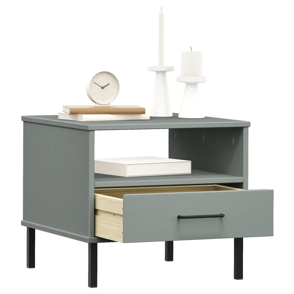 Comodino | Armadio da Notte | Mobiletto da notte con Gambe in Metallo Grigio Legno Massello Pino OSLO