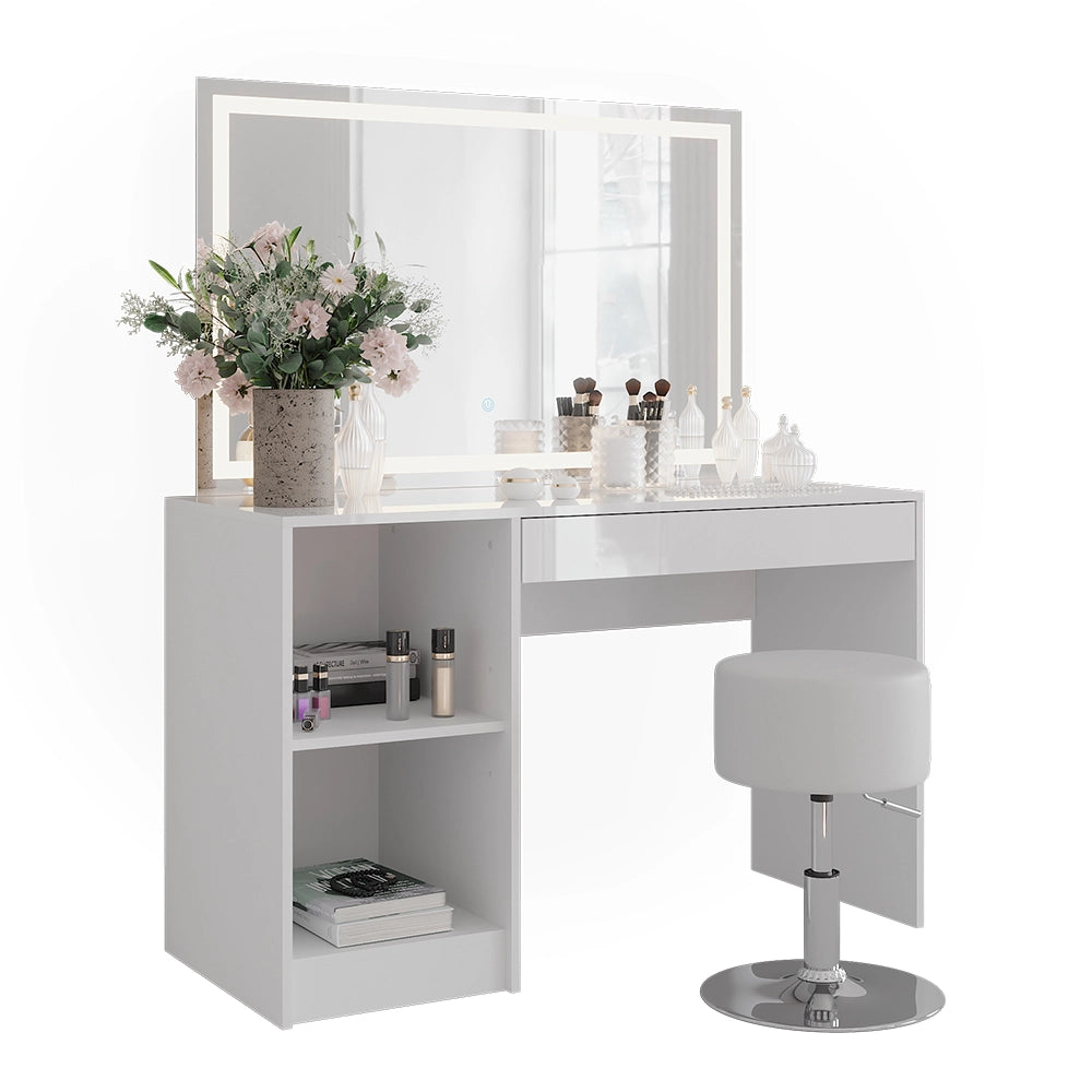 Vicco Tavolo da toeletta Bianco/bianco lucido 119.8 cm con illuminazione a LED e sgabello