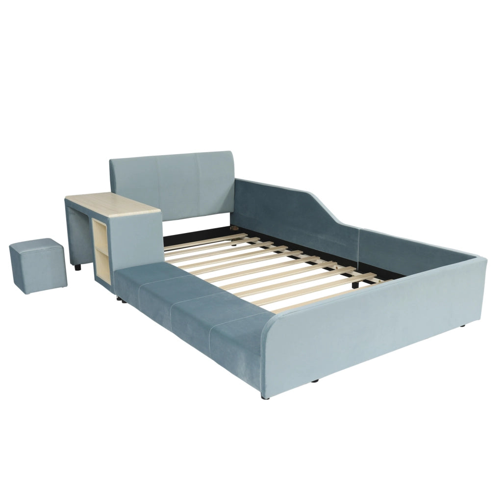Letto singolo imbottito 90x200 cm con scrivania laterale e sgabello; velluto blu