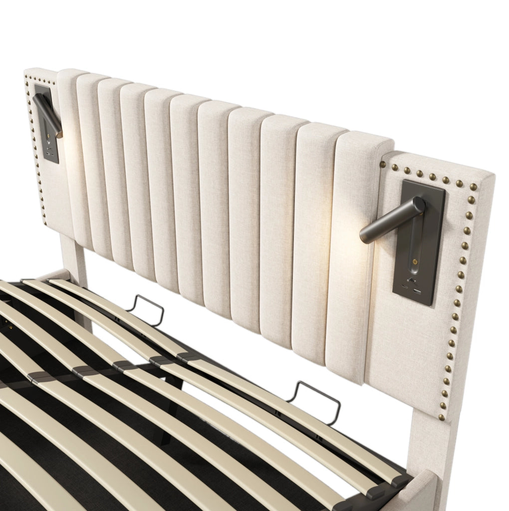 Letto matrimoniale 160x200 cm con contenitore; luce da lettura e USB; beige in cotone