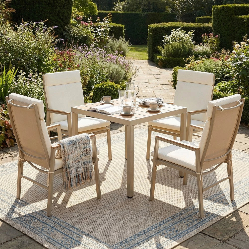 Set da Giardino Tavolo e 4 Sedie ¨C Xylo ¨C Ferro Zincato, Piano in Legno Plastica, Beige