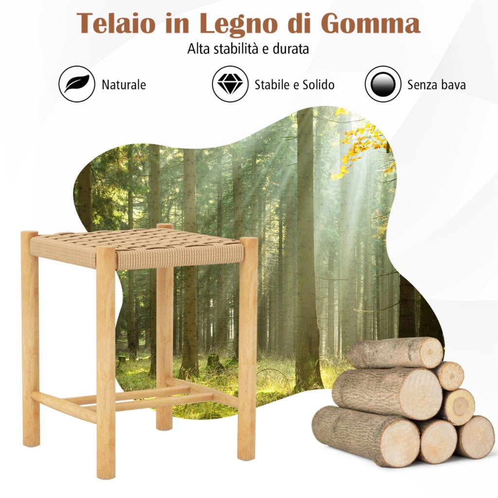 2 Sgabelli in legno di gomma con seduta intrecciata in carta, Sgabelli senza schienale Naturale 36x36x45cm-Sgabelli