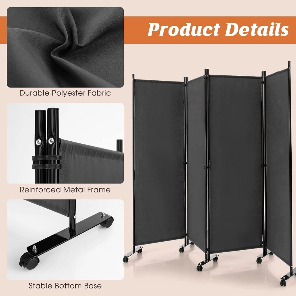 Divisorio Paravento con Ruote 4 pezzi, Divisorio da Parete in Ferro, Protezione Privata per Camera da Letto, Ufficio，224 x 172 cm，4 Colori