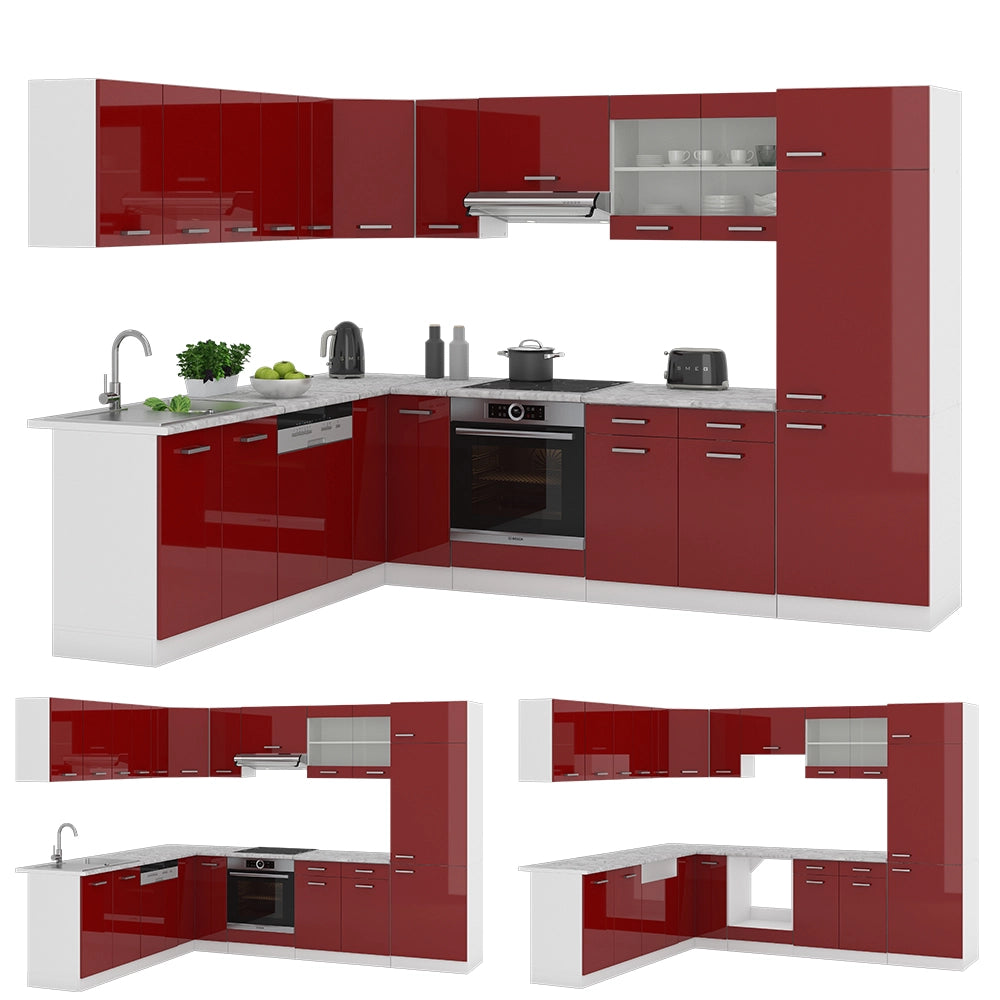 Cucina angolare completa R-Line Rosso lucido/Bianco 287 x 227 cm, PL Rovere Vicco
