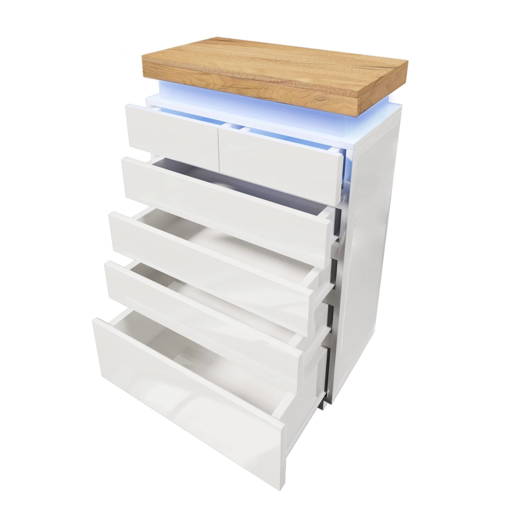 Cassettiera con 6 cassetti e LED con controllo touch e app; 115x73x39 cm; truciolare bianco