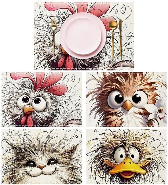 Set di tappeti per tavolo per animali da 4 pezzi - Lavabile - Antiscivolo - Lino - 45 x 30 cm - Stampato digitalmente in alta definizione - Tappeti per tavolo
