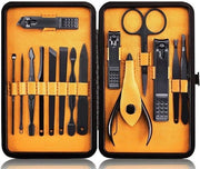 Set di Manicure Professionale a 15 Pezzi in Acciaio Inox con Scatola per Viaggi (Nero/Giallo)