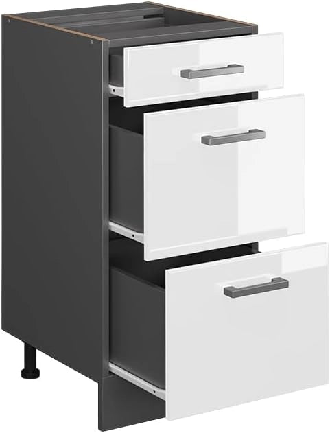 Mobiletto base per cucina R-Line, Bianco lucido, 40 cm con cassetti, senza piano di lavoro, per la libera combinazione all'interno di sistemi cucina modulari