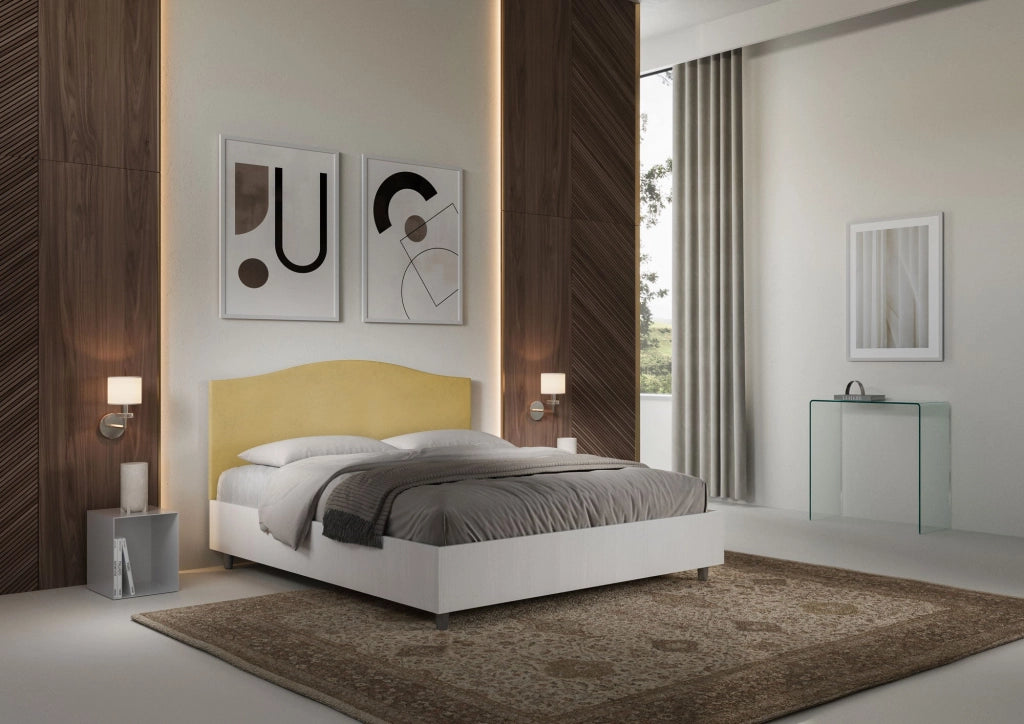 Letto matrimoniale senza rete 160x200 bianco frassino testata microfibra ocra Grace