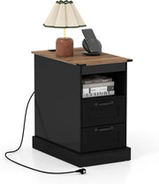 Tavolino con Cassetti e Stazione di Ricarica, Comodino con Mensola Aperta, 2 Cassetti, 2 Prese AC, Porta USB e Porta Type-C, Tavolino da Divano e Letto per Salotto e Camera da Letto (Nero)