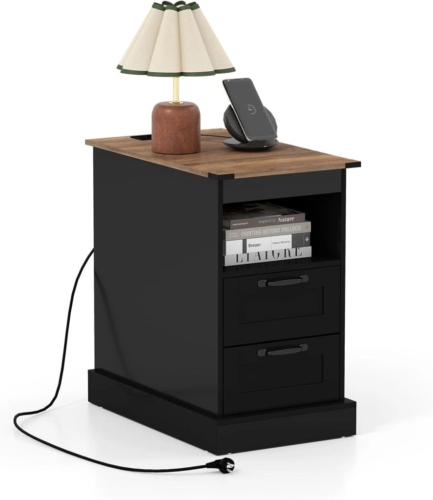 Tavolino con Cassetti e Stazione di Ricarica, Comodino con Mensola Aperta, 2 Cassetti, 2 Prese AC, Porta USB e Porta Type-C, Tavolino da Divano e Letto per Salotto e Camera da Letto (Nero)