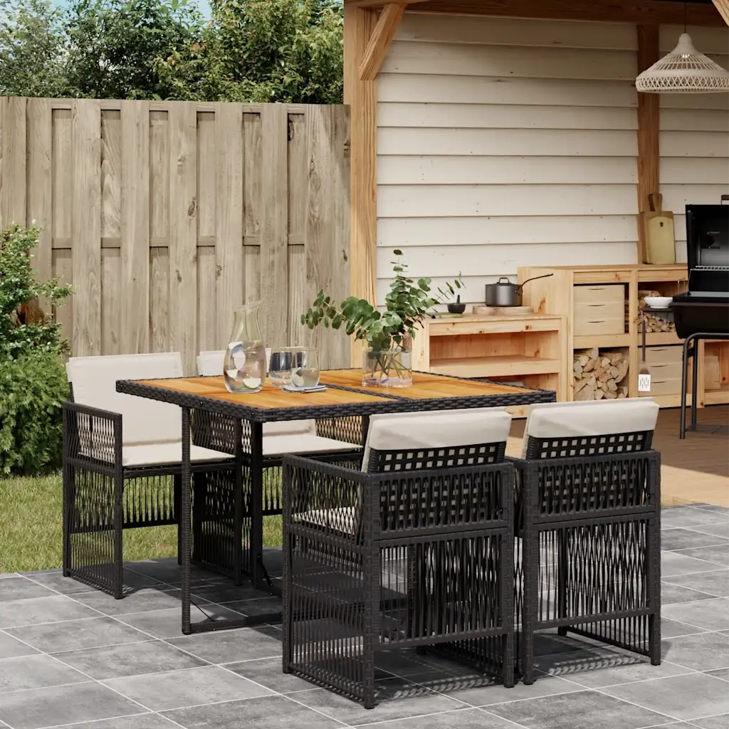 Set da Pranzo da Giardino 5 pz Nero con Cuscini in Polyrattan