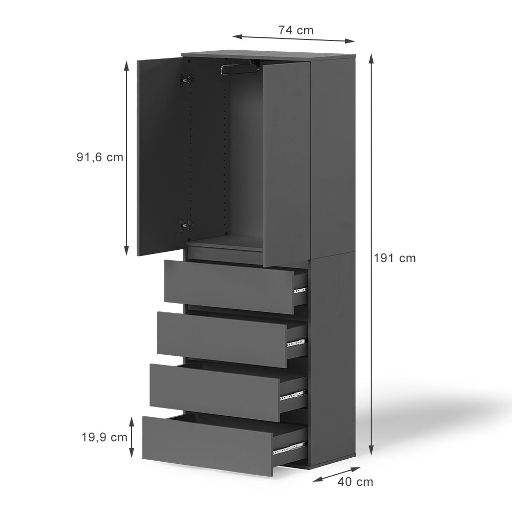 Vicco Armadio Antracite 74 x 191.5 cm con 4 cassetti