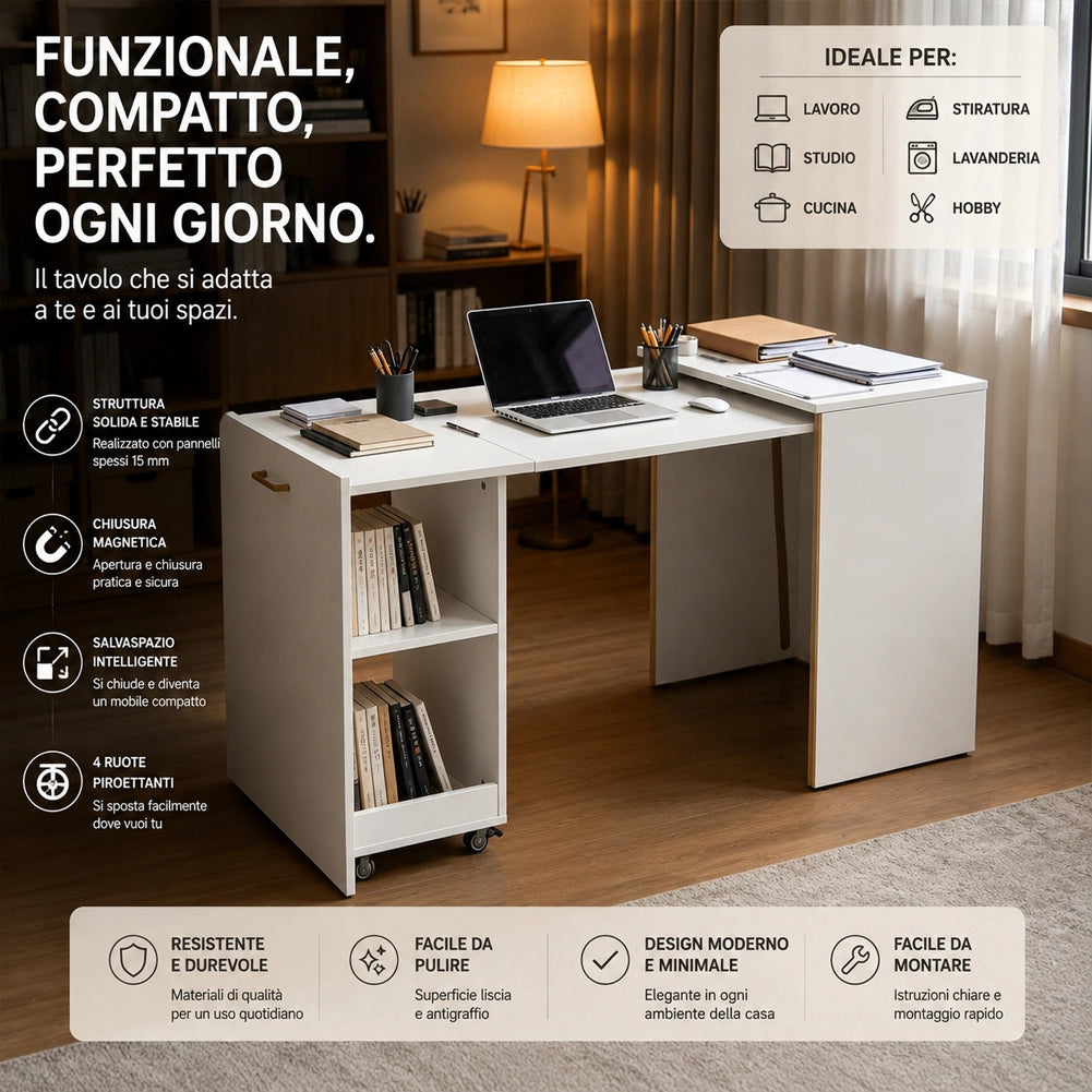 Mobile con Tavolo a Scomparsa Bianco Richiudibile Salvaspazio Scrivania Libreria