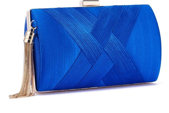 Borsa da sera a tassello per donne, portamonete con catena e frangia per party e prom, blu