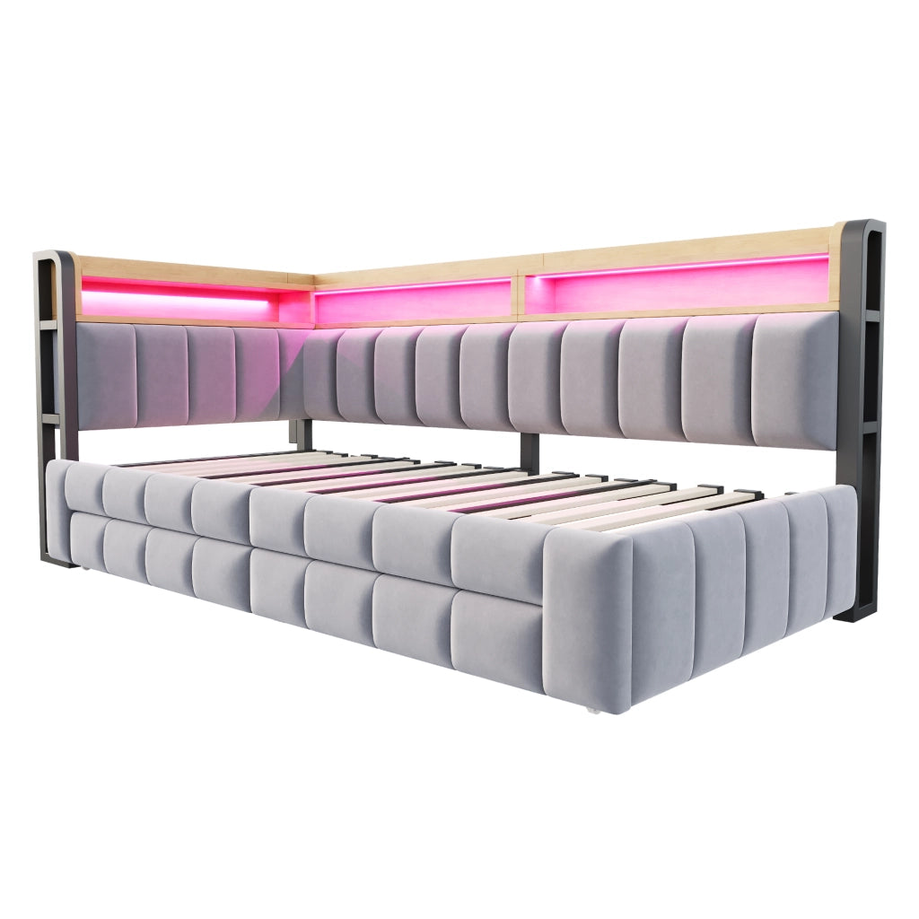 Letto Contenitore Letto Matrimoniale 90x200 cm - LED; USB; Type-C in Velluto Grigio Chiaro