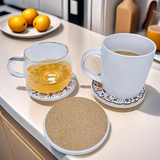 Set di 8 sottopiedini ceramici assorbenti con base di curcuma e contenitore nero - decorazione per tavolo salotto - regalo - accessori per la casa