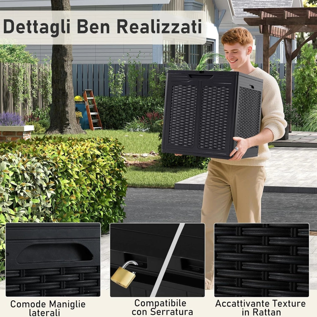 Baule da Esterno 145 L, Cassapanca Contenitore Impermeabile con Effetto Rattan, Coperchio Bloccabile e Maniglie, per Giardino, Patio e Piscina, 56 x 56 x 60,5 cm (Nero)